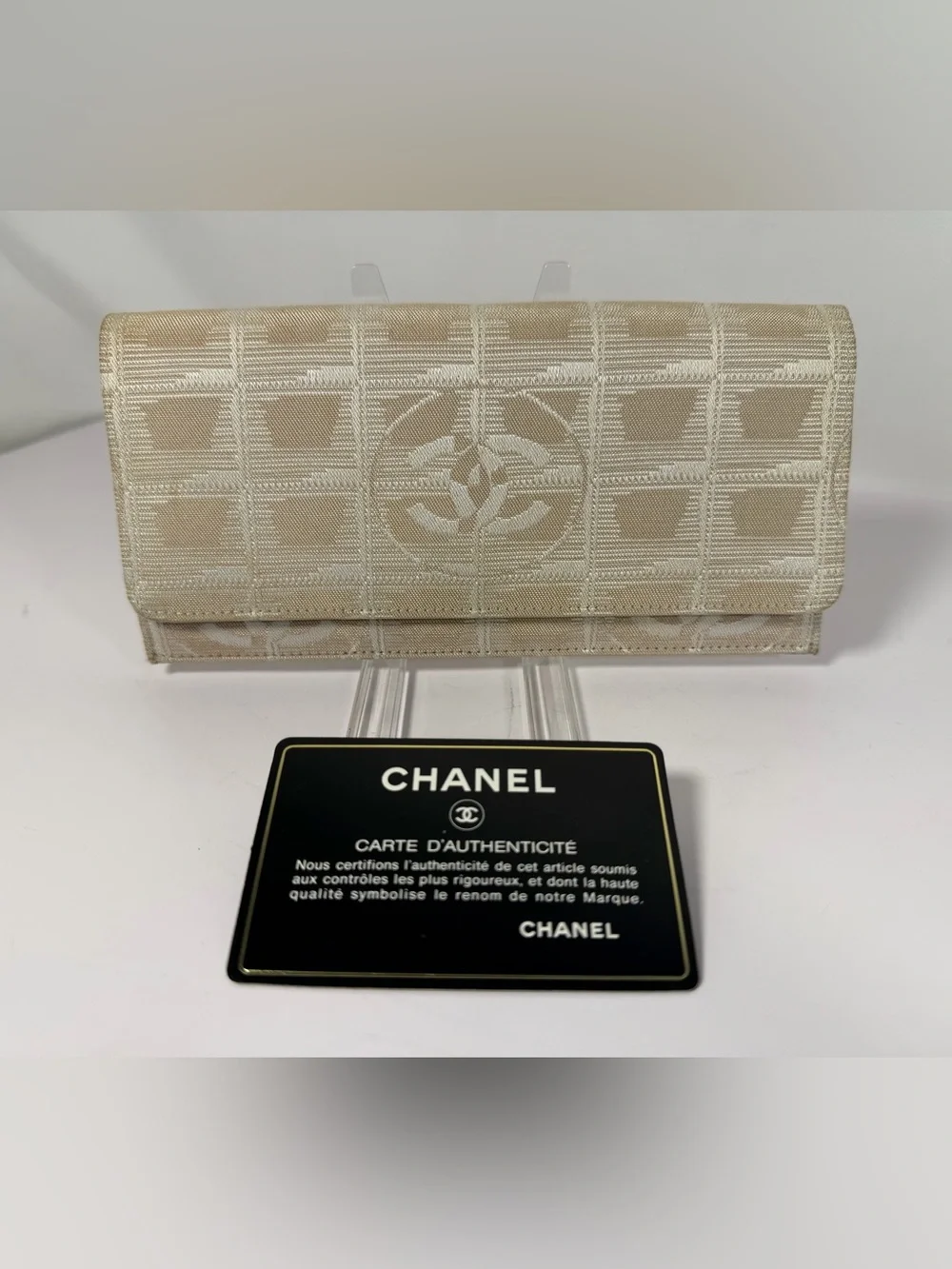 1270: Chanel Travel Line CC Logo Jacquard Beige Continental Wallet